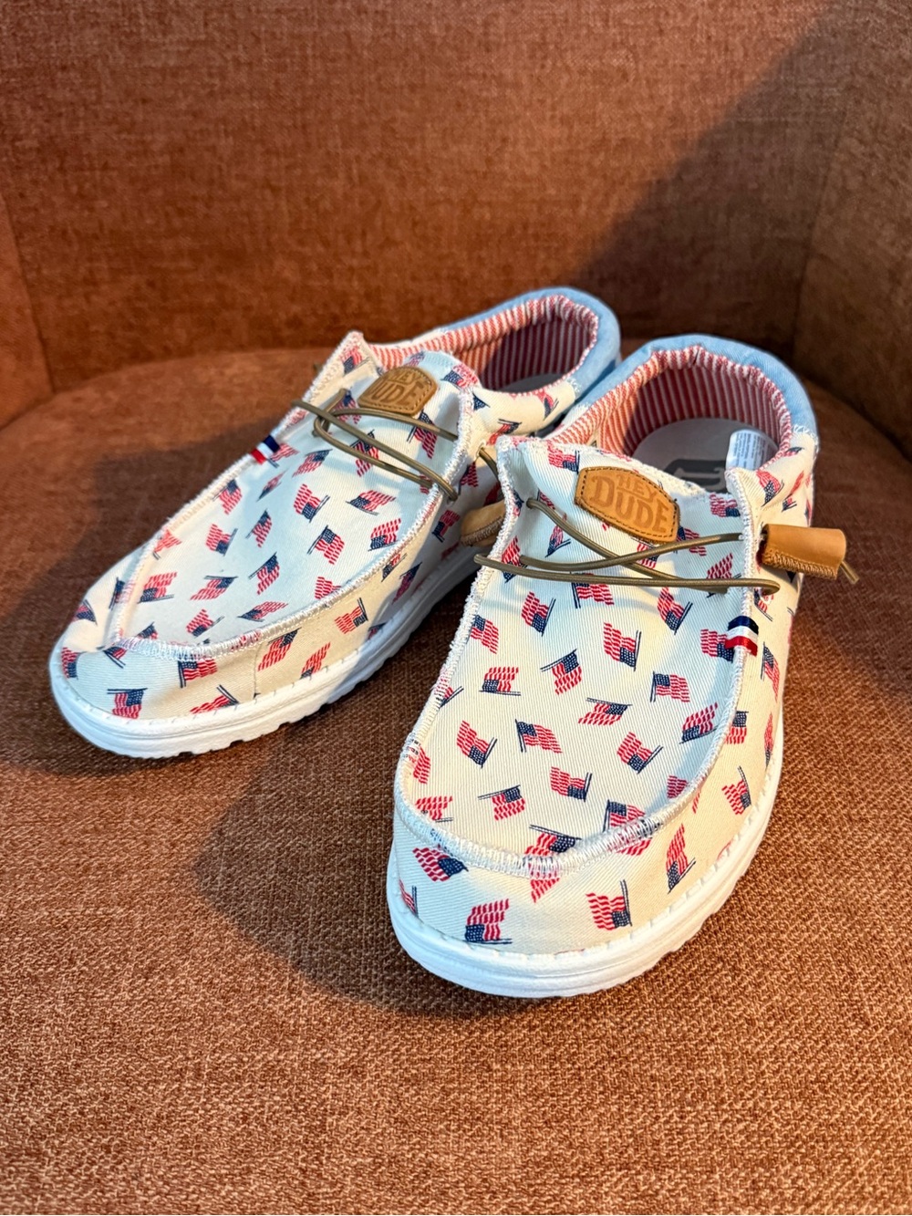 Hey Dude Mens White Slip-Ons with Red & Blue American Flag Print 11M